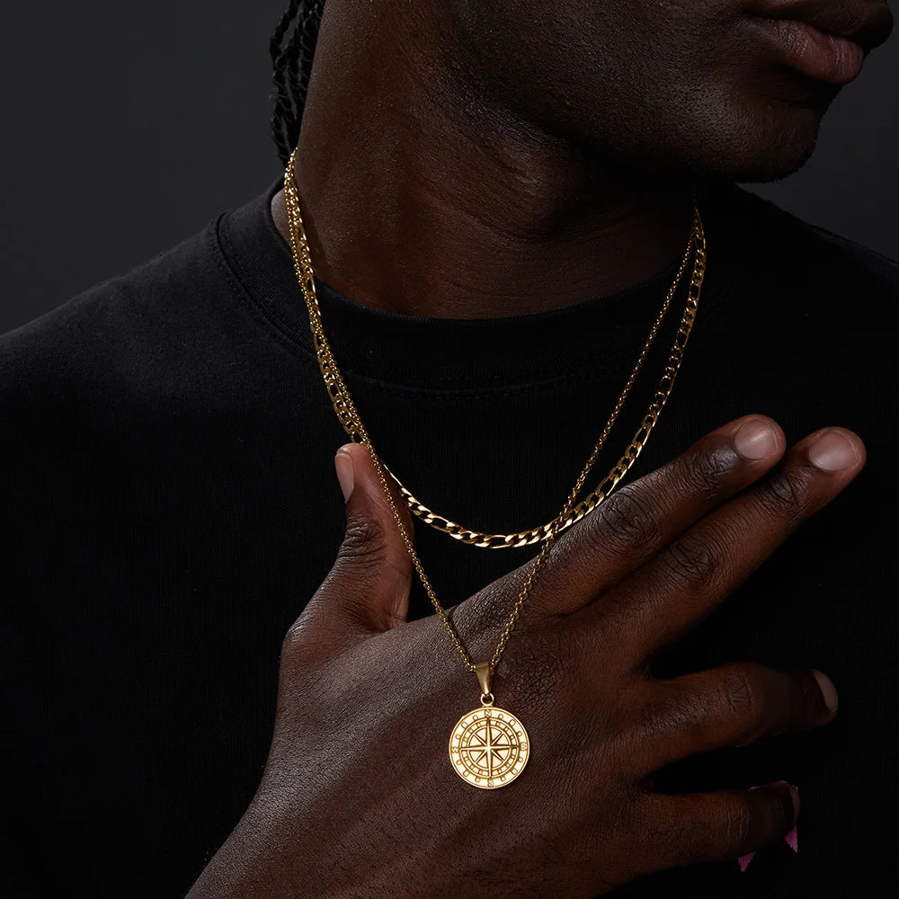 Layered Compass Cuban Figaro Necklace — Stainless Steel