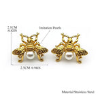 Gold Bee Pearl Stud Earrings — Stainless Steel