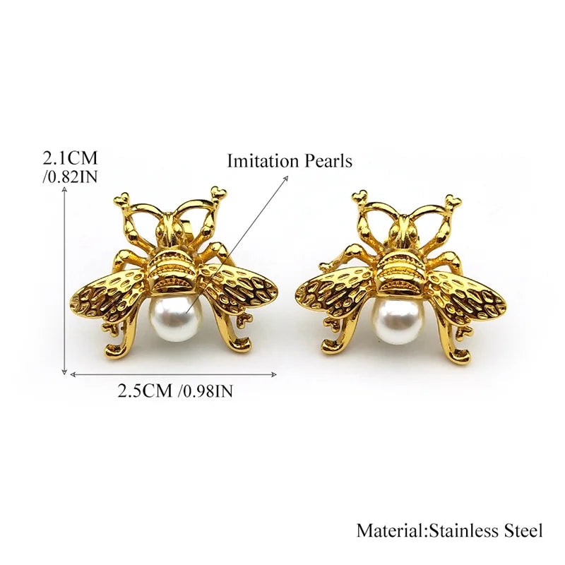 Gold Bee Pearl Stud Earrings — Stainless Steel