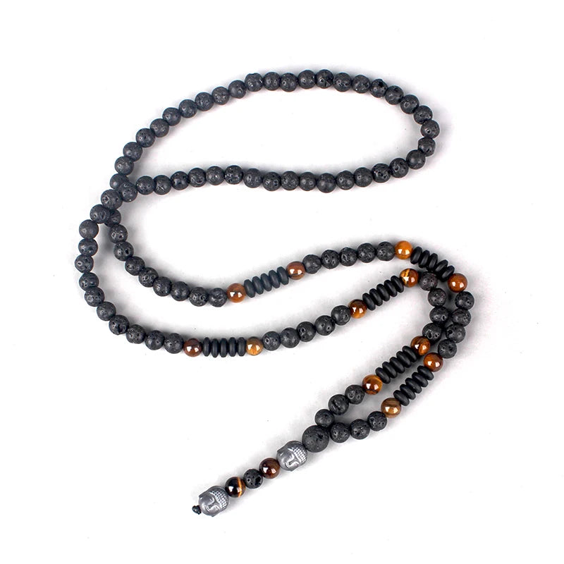 6mm Lava Stone Tiger-eye Beaded Necklace for Men and Women with Buddha Head Pendant