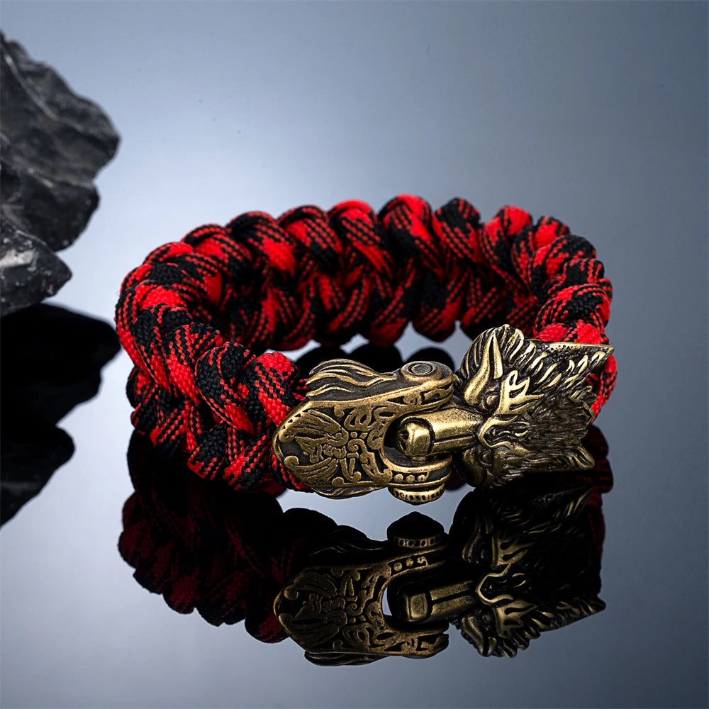 Viking Wolf Paracord Bracelet — Norse Runes, Steel Clasp