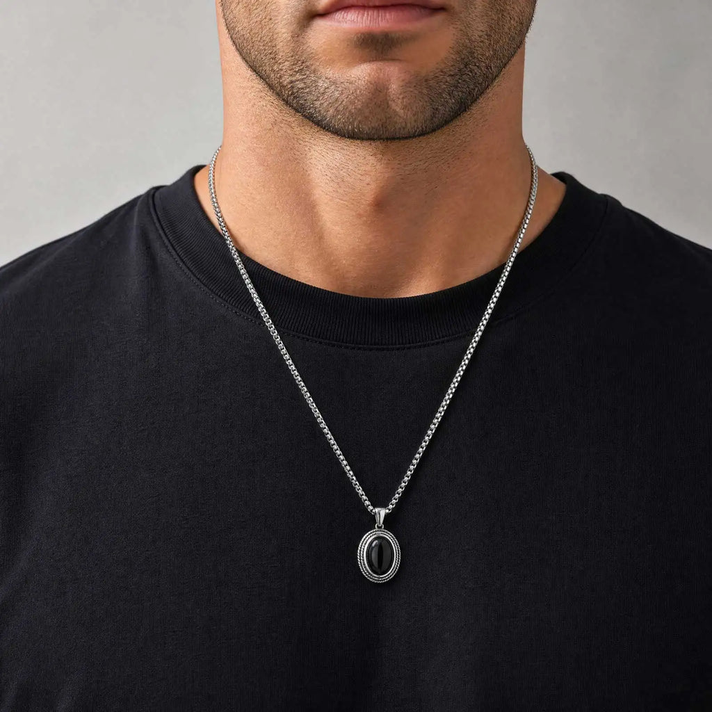 Stylish Black Natural Stone Pendant Necklace for Men,Vintage Stainless Steel Black Onyx Oval Pendant Neckalce Jewelry