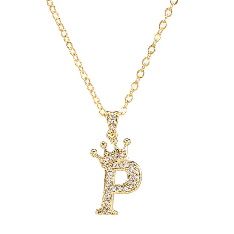 Crown Initial Letter Pendant Necklace — Copper