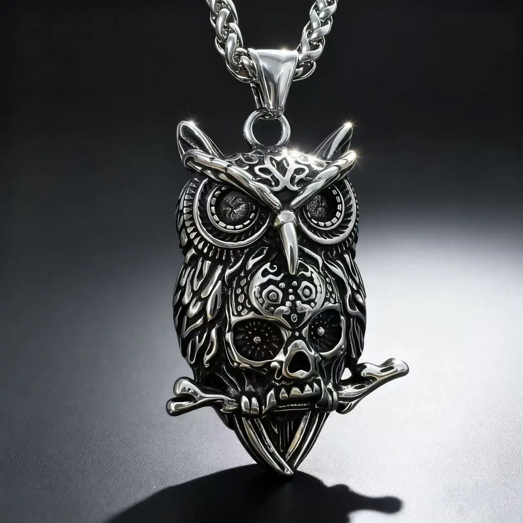 Gothic Skull Steel Pendant 316L Owl Punk