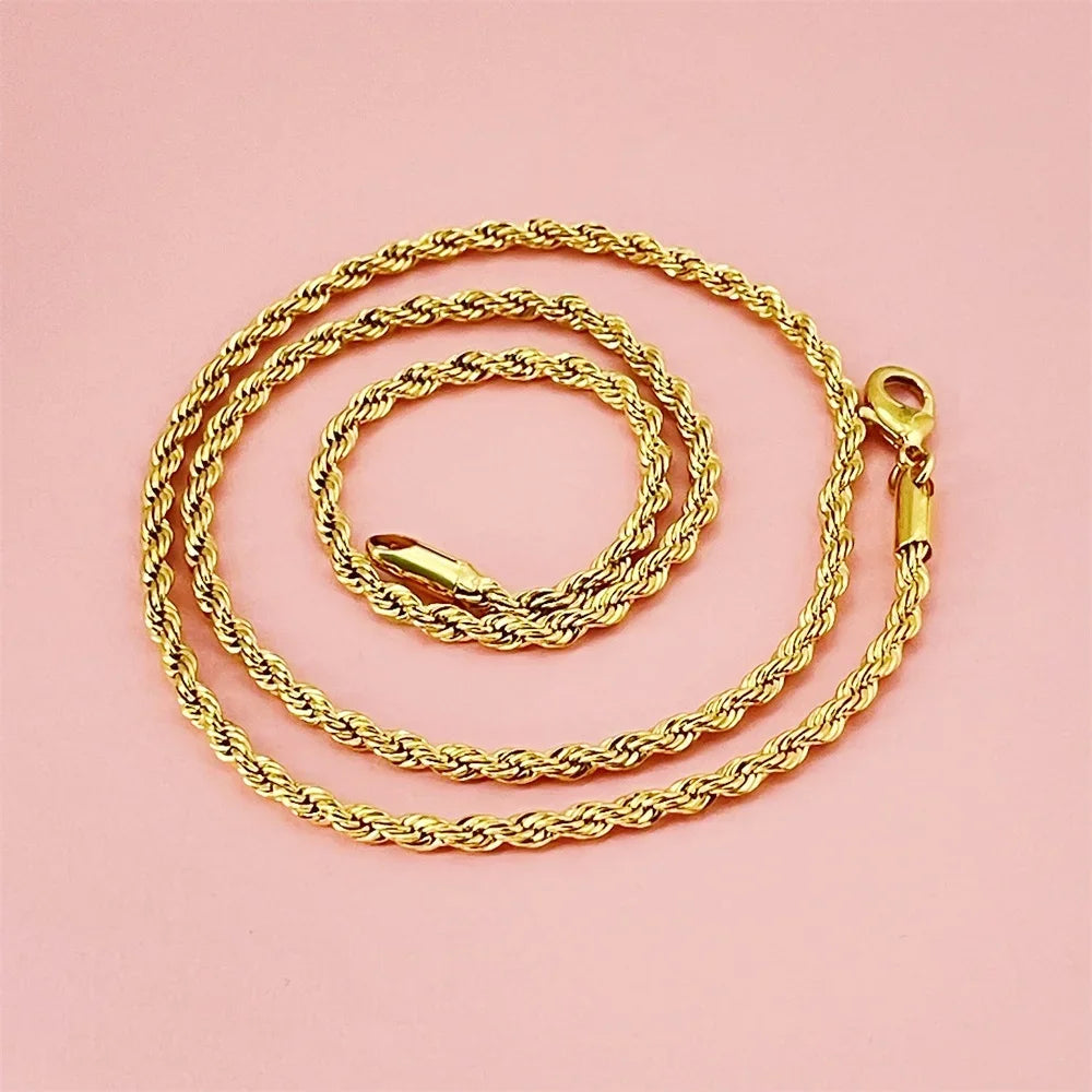Luxury 925 Sterling Silver Gold Plated 3MM Twisted Rope Necklace for Women Men Accessories Jewelry 40-60CM