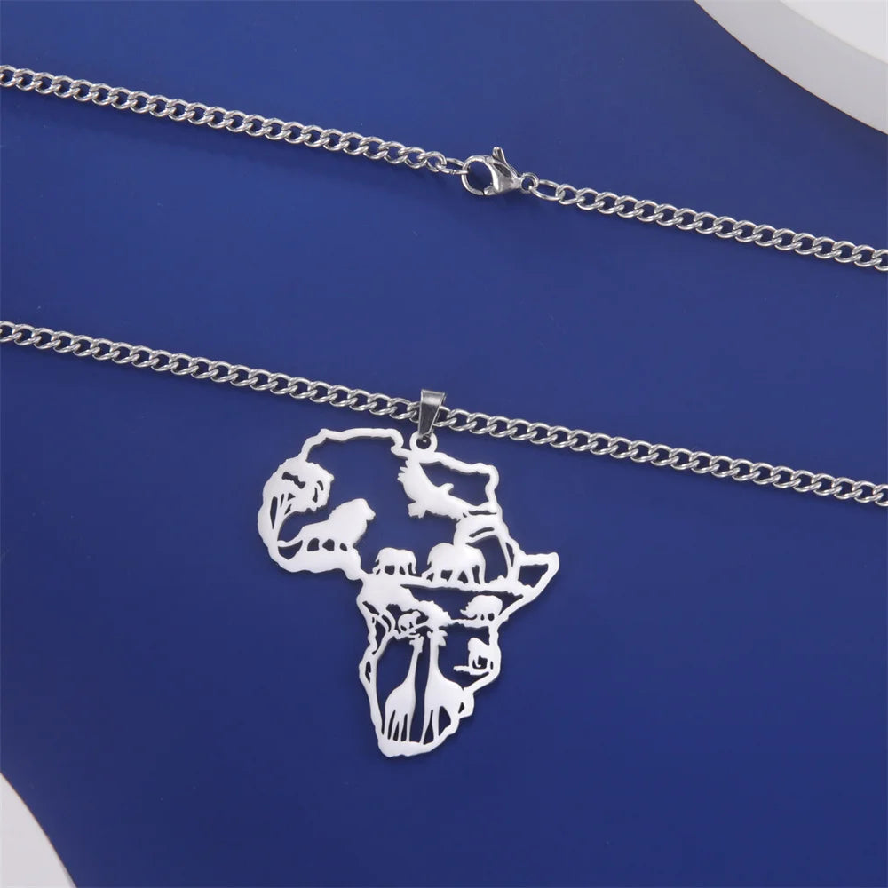 Africa Map Animals Pendant — Stainless Steel