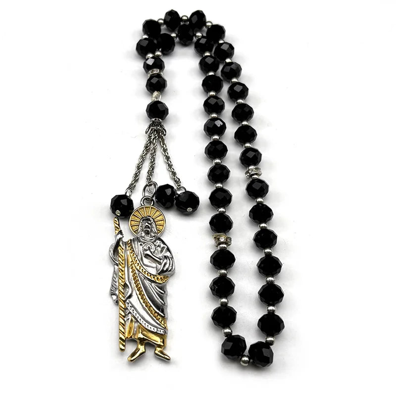 San Judas Tadeo Car Pendant Stainless Steel Gold Silver Color Saint Jude Thaddeus Glass Prayer Beads Chain Amulet Jewelry Gift