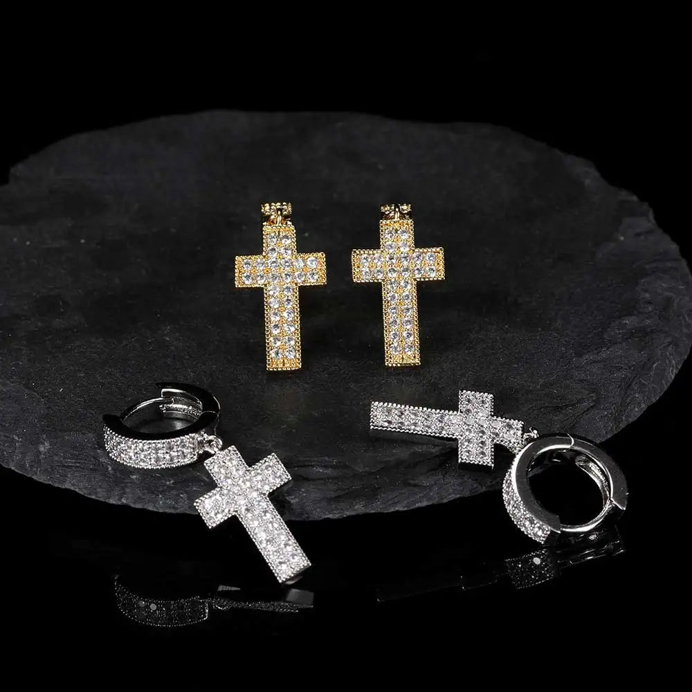 Iced Out Cross Lightning Stud Earrings