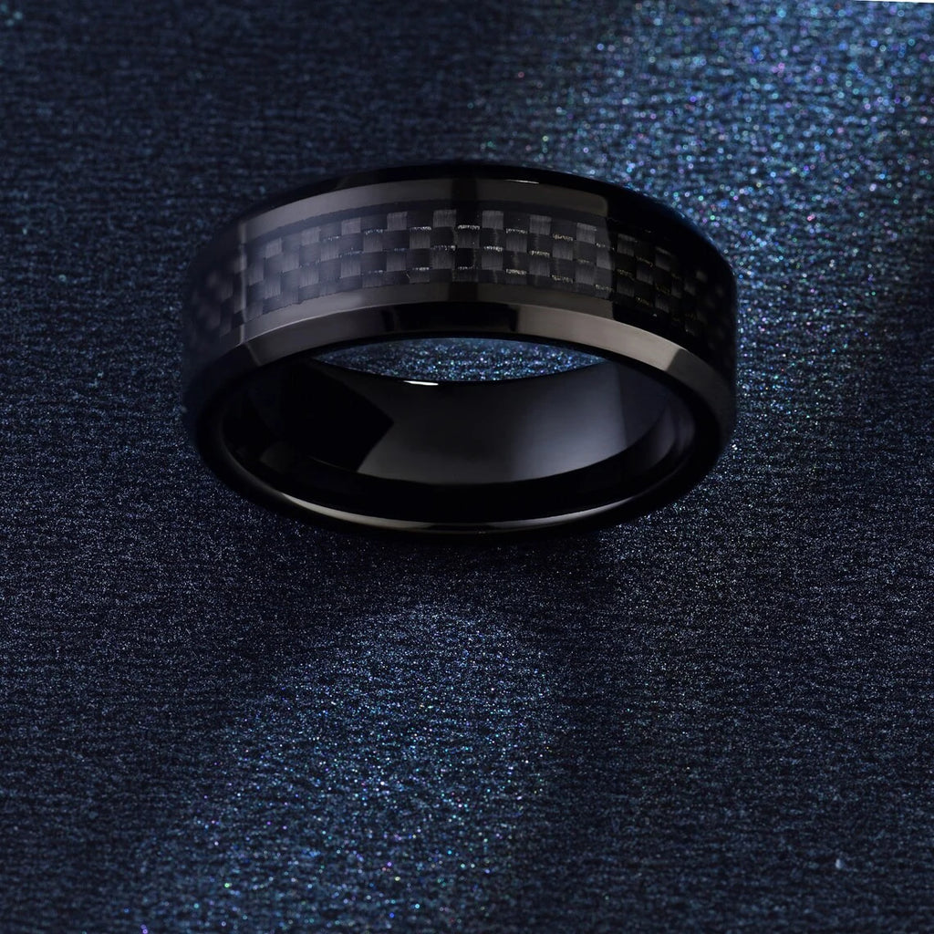 Fashion 8mm Men's Stainless Steel Ring Inlay Black Carbon Fiber Ring Wedding Engagement Jewelry Anniversary Gifts Drop