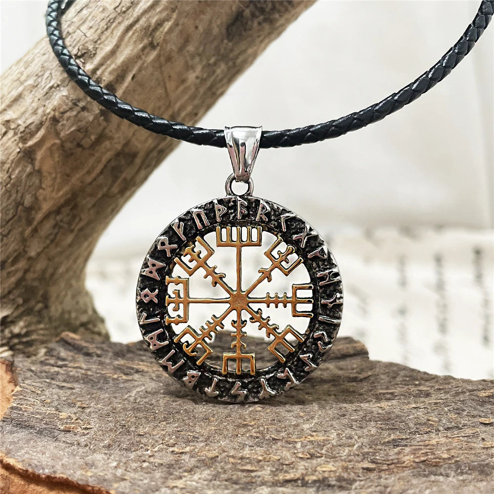 Viking Compass Norse Runes Necklace Men Gold Color Stainless Steel Vegvisir Pendant Never Fade Vintage Male