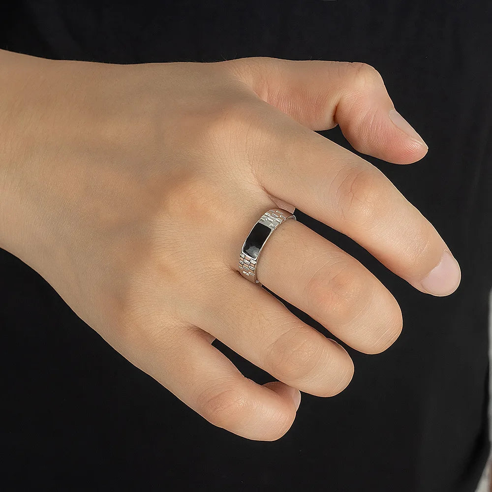 Silver Ring Drop Glue Checkerboard Men's Retro Ring Fashion Simple Birthday Party Wedding Anniversary Jewelry Gift