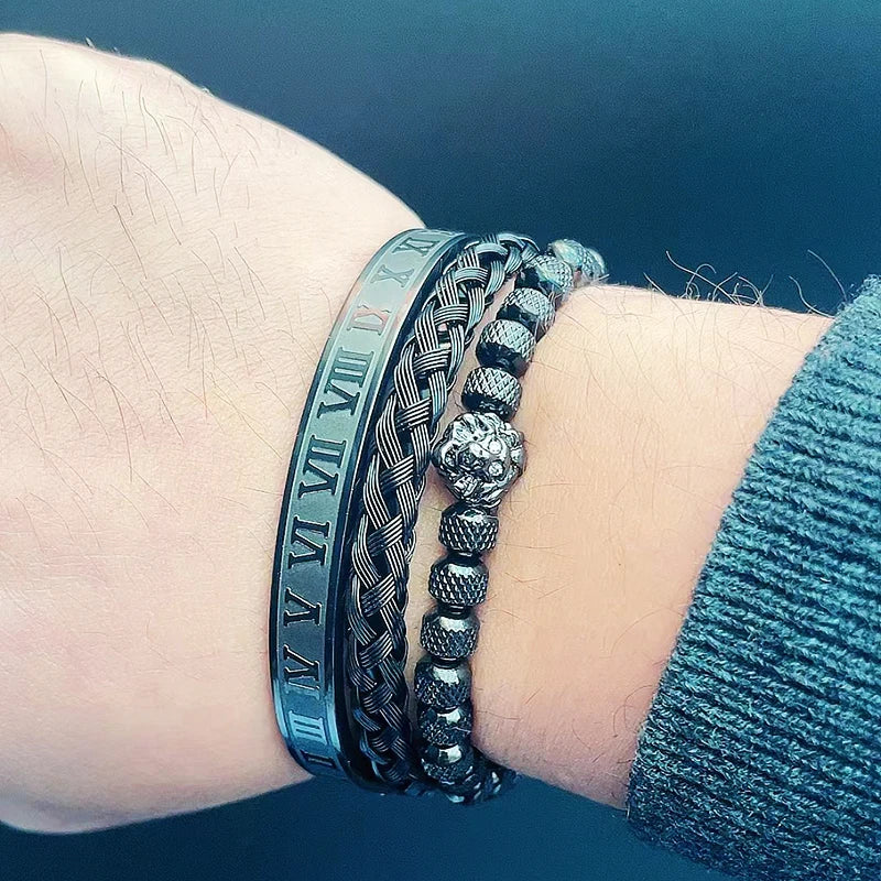 Lion Head Beaded Bangle Bracelet Set — Stainless Steel