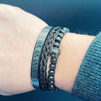 Lion Head Beaded Bangle Bracelet Set — Stainless Steel