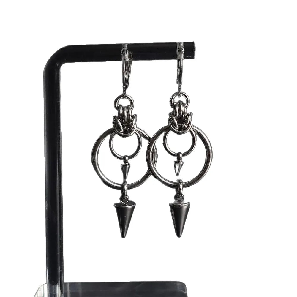 Gothic Punk Rivet Tassel Double Ring Dangle Earrings 304 Stainless Steel Hoop Earrings for Men Women Rock Hip-hop Street Jewelry