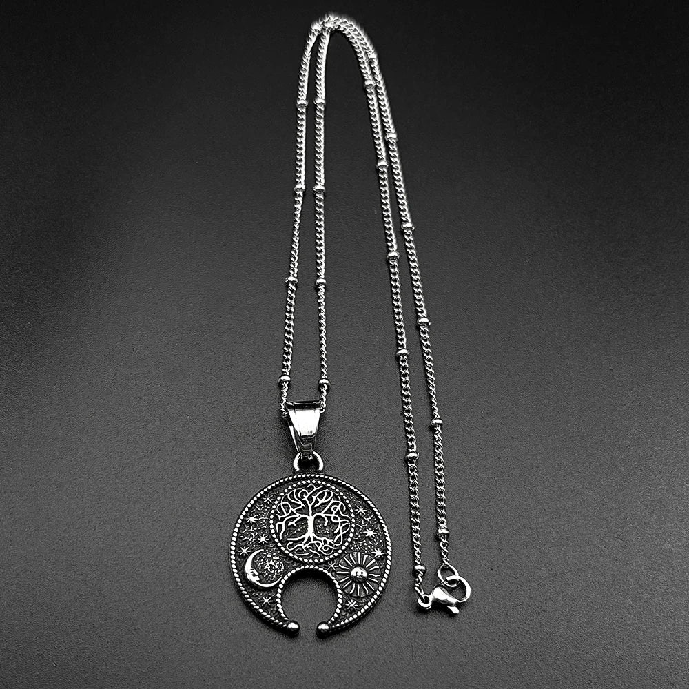 Tree Of Life Moon Sun Chain For Women Men Stainless Steel Star Celtic Knot Dark Punk Nature Gothic Pendant Necklace