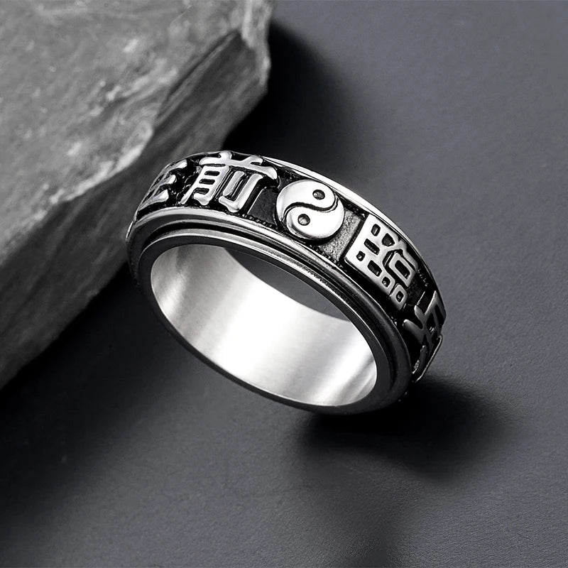 Rotating Yin Yang Ring — Chinese Nine-Character Mantra Amulet