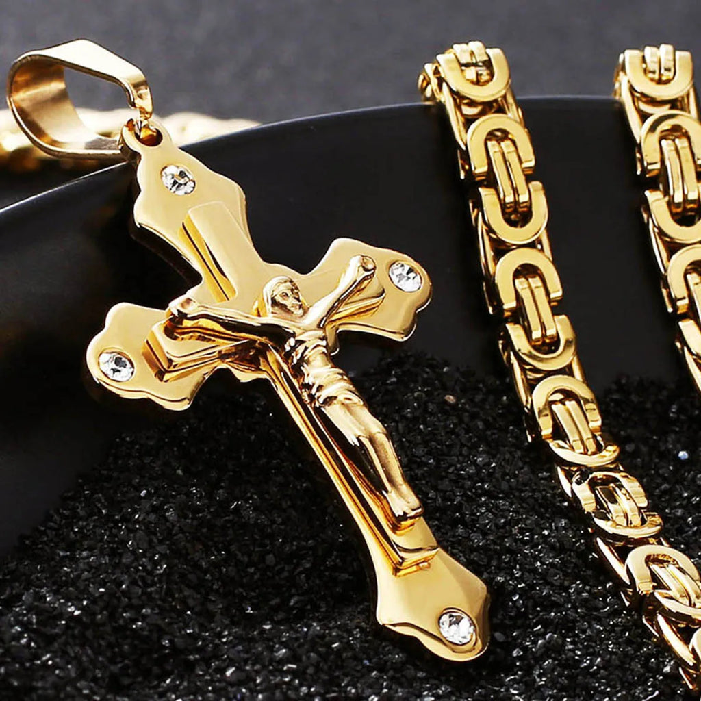 Crystal Crucifix Jesus Byzantine Chain Necklace — Stainless Steel