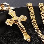 Crystal Crucifix Jesus Byzantine Chain Necklace — Stainless Steel