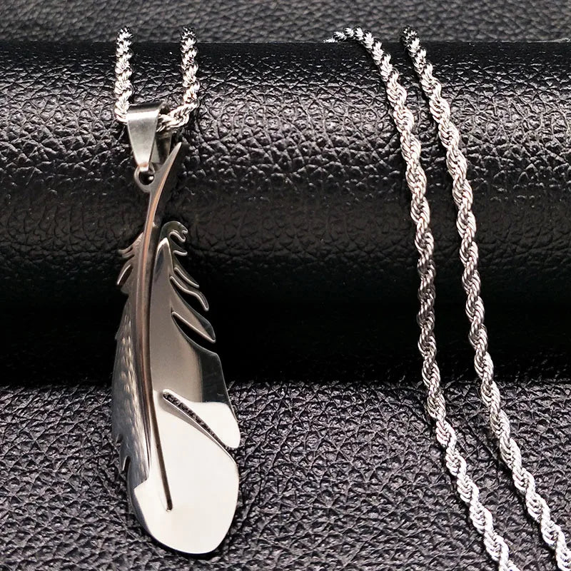 Feather Pendant Rope Chain Necklace Long — Stainless Steel