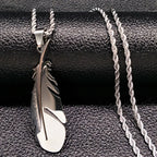 Feather Pendant Rope Chain Necklace Long — Stainless Steel