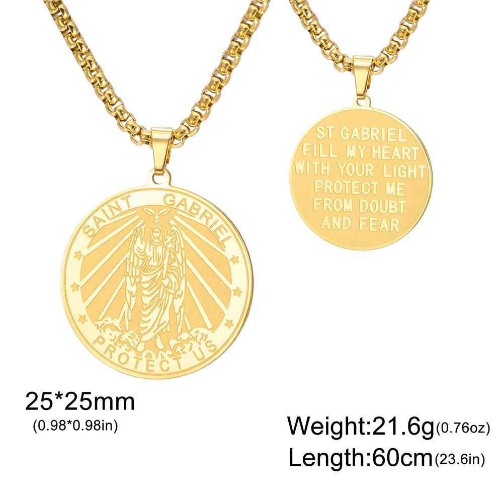 Dawapara Archangel Gabriel Pendant Necklace Double Side Carved Spiritual Protection Amulet Stainless Steel Jewelry