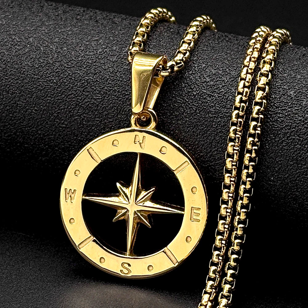 Hollow North Star Round Compass Pendant Necklace for Women Men Stainless Steel Gold Silver Color Chain Necklaces Jewelry Gifts