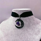 Gothic Temperament Black Human Face Moon Amethyst Round Bead Pendant Velvet Necklace for Women Men Halloween Party Jewelry Gifts
