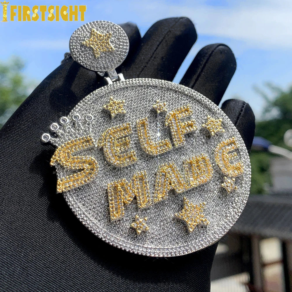 New Iced Out Bling CZ Letter Cross Pendant Necklace Various Design 5A Zircon Two Tone Color Badge Charm Men's Hip Hop