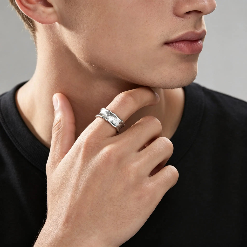 Men's Stainless Steel Vintage Irregular Hammered Ring High Polished 8mm Wide Band Ring Fashion Statement Jewelry Gift for Men