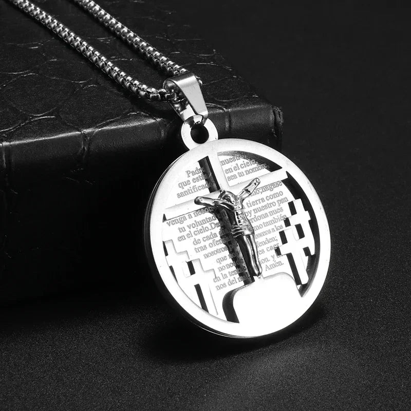 Vintage Christian Jesus Cross Stainless Steel Pendant Little Angel Prayer Necklace Men Women Faith Amulet Jewelry