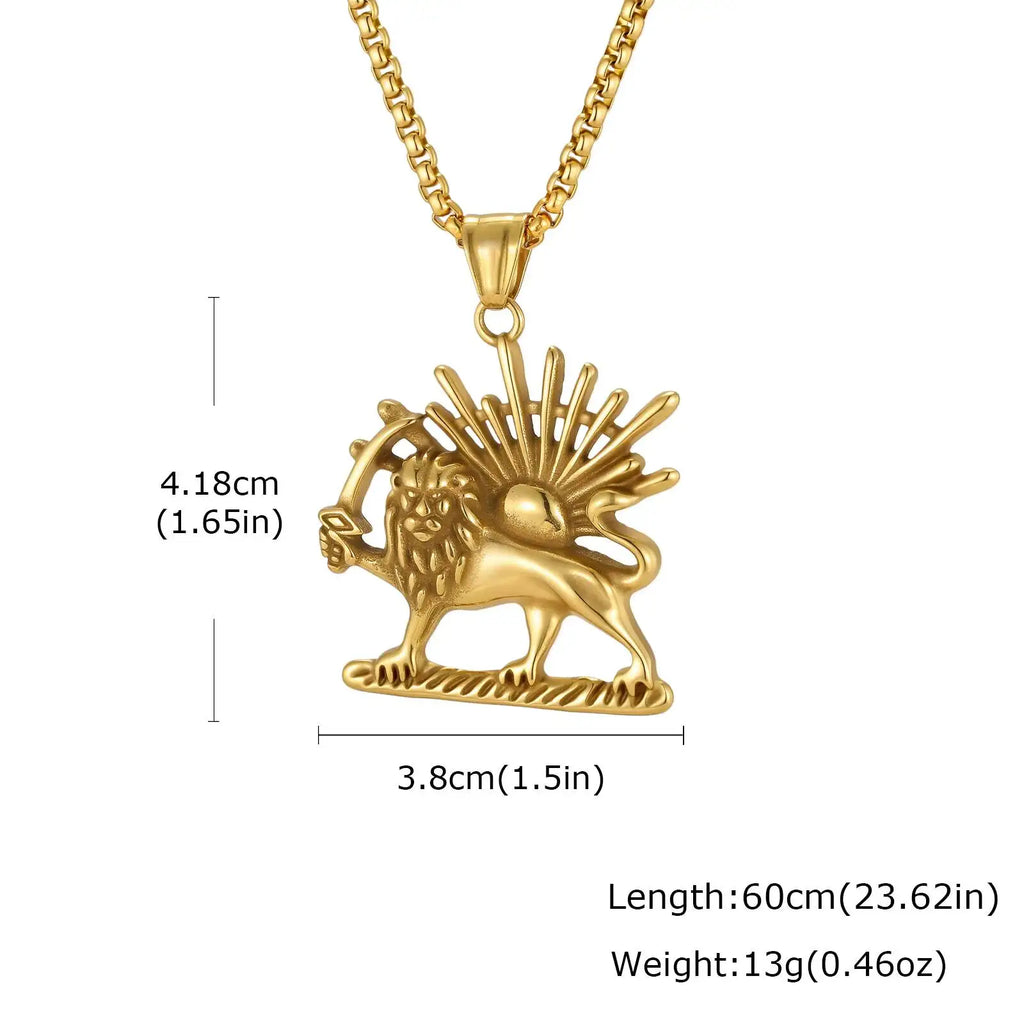 Lion Sun Pendant Necklace for Men Him, Stainless Steel Gold Silver Color Box Chain, Streetwear Daily Jewelry Gift