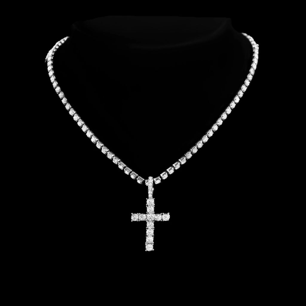 2Pcs Punk Crystal Cross Ankh Tennis Chain Iced Out Prong Cuban Link Chain Necklace For Men Women Rapper Necklaces