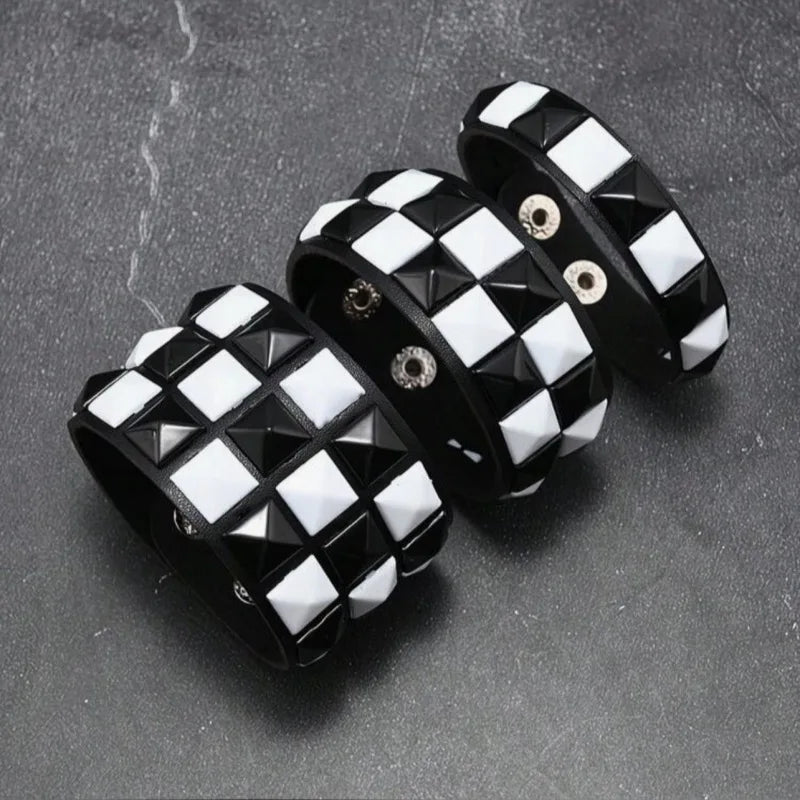 Punk Personality Simplicity Geometry Retro Black and white Square rivets Leather Stainless steel Hand bracelet Wristband