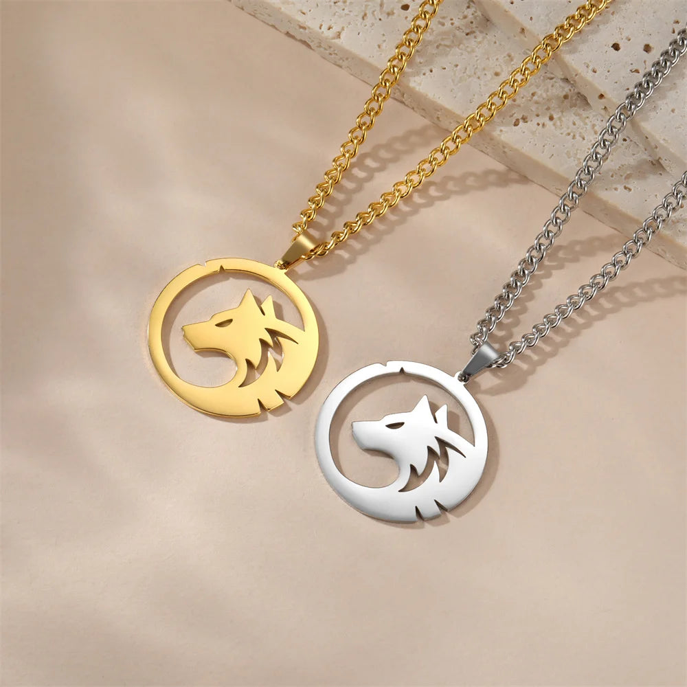 My Shape Punk Wolf Stainless Steel Necklace for Women Men Hollow Animal Wolf On The Hill Pendant Chain Choker Fashion Jewelry