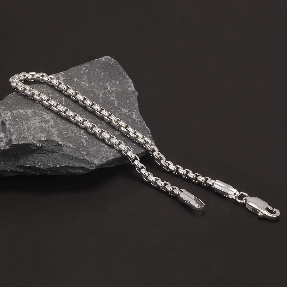Silver 3mm Round Box Chain Link Bracelet for Men Fashion Jewelry Accessories