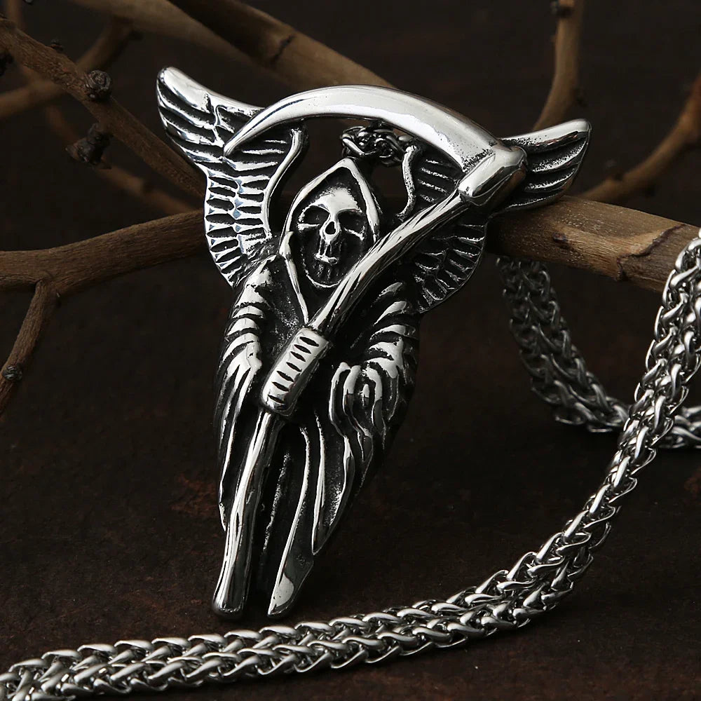 Gothic Grim Reaper Death Scythe Skull Necklace For Men Punk Biker Stainless Steel Chain Necklace Pendant Male Hip Hop