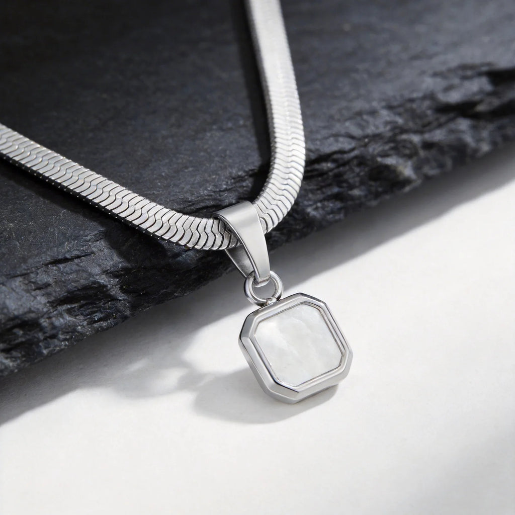 Vnox Geometric Square Natural Stone Pendant Necklace for Men, Gold Silver Color Stainless Steel Blade Chain, Trendy