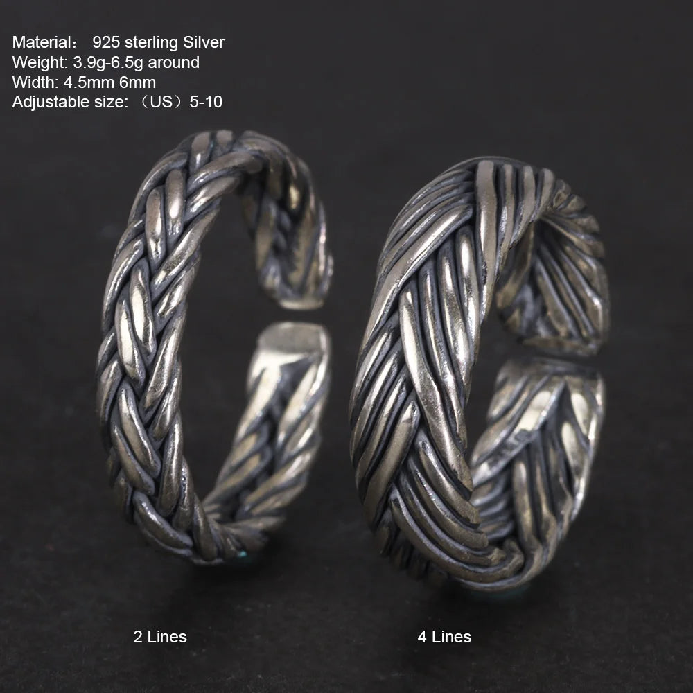 S925 Sterling Silver 2 and 4 Lines Braided Rings Handmade Viking Bands Adjustable Size 5-10 Handcrafted Jewelry