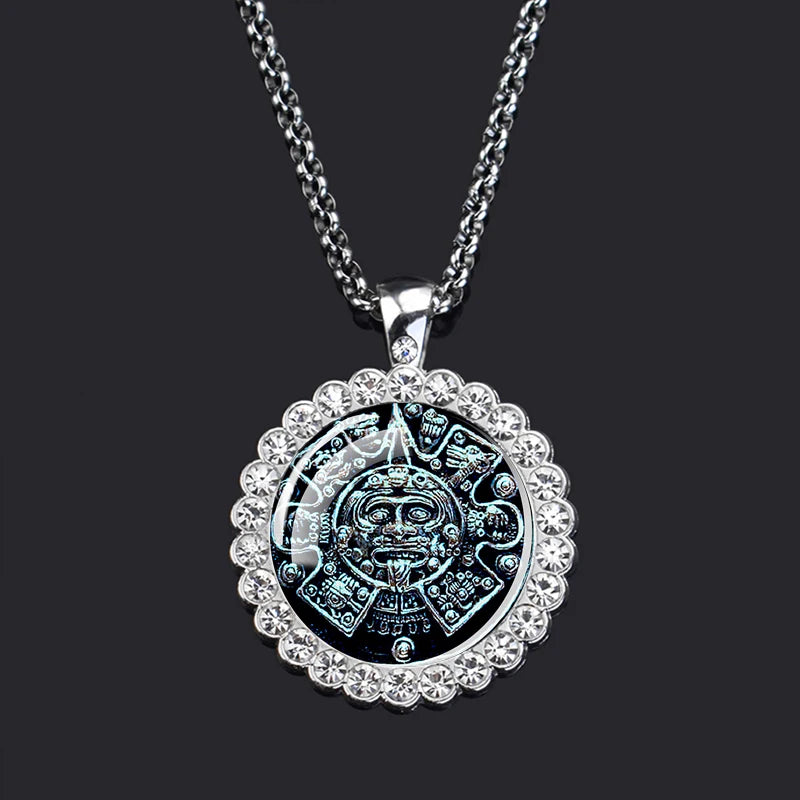 Aztec Calendar Pendant Necklace — Ancient Mexico Art, Rhinestone