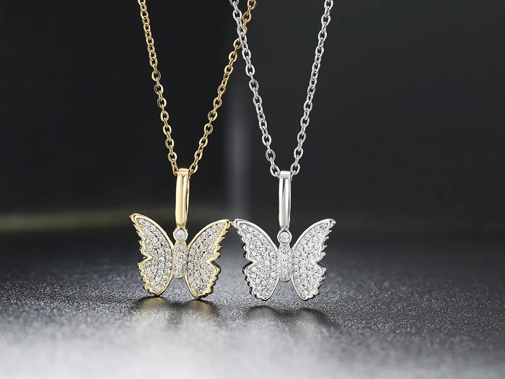 Iced Out Butterfly Pendant Necklace Stainless Steel