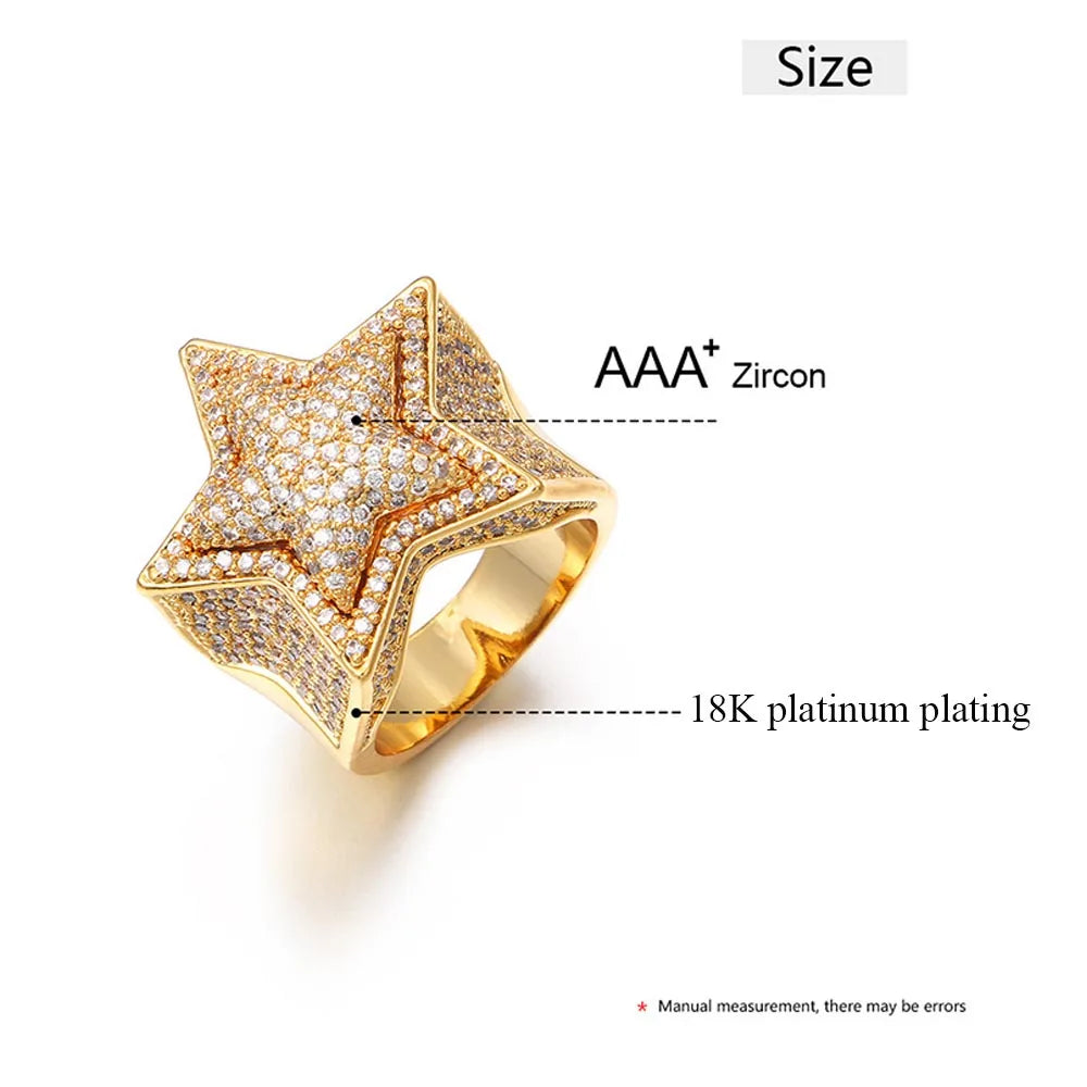 Hip Hop Star Rings for Men Women Diamond Cuban Ring Rapper Party 18K Gold Plated Fine Jewelry Gifts for Men Gilrs Boys