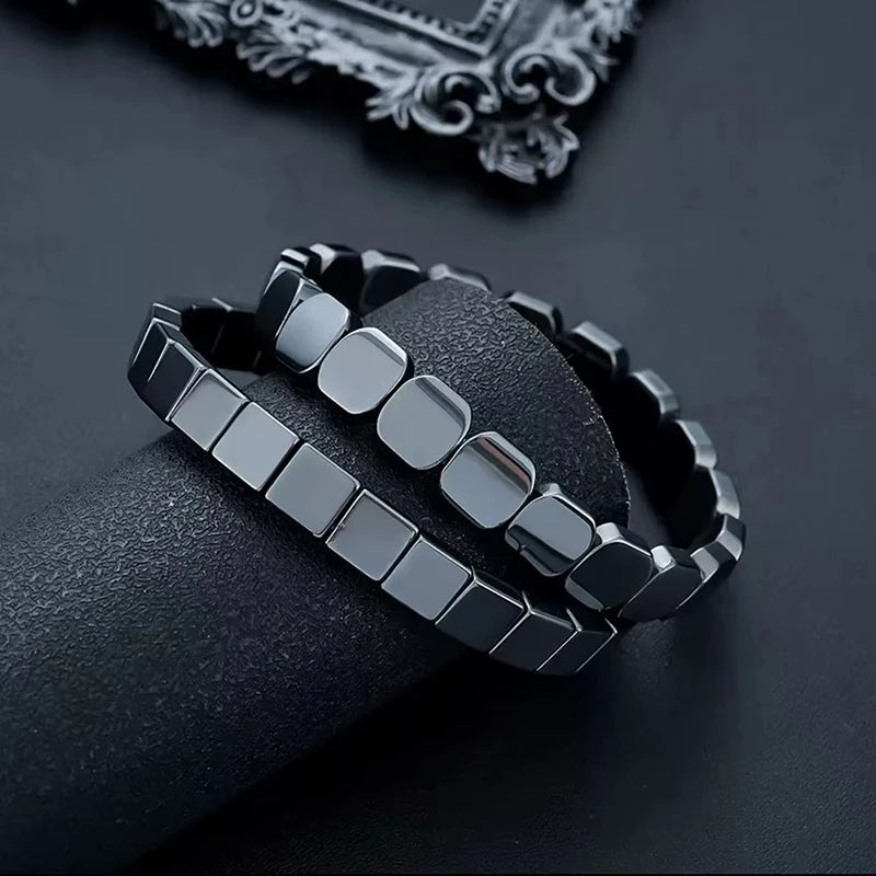 FTCY Hematitelack Black Gallstones Elastic Square Bead Bracelet For Men Hemios Hematite Bangles Restore Confidence Nhance Mental