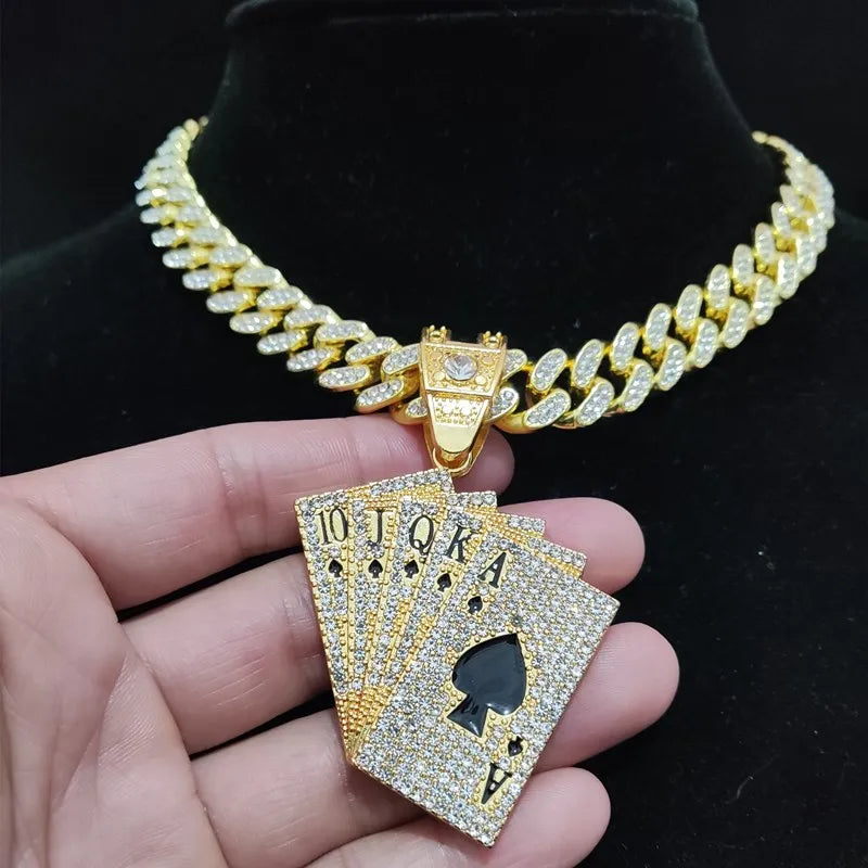 Men Women Hip Hop playing card Pendant Necklace With Crystal Cuban Chain HipHop Iced Out Bling Necklaces Fashion Charm