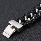 Men's 22MM Polished Stainless Steel Cuban Chain Bracelet for Men Braided Leather Wrap Bracelet Wristband Male Jewelry