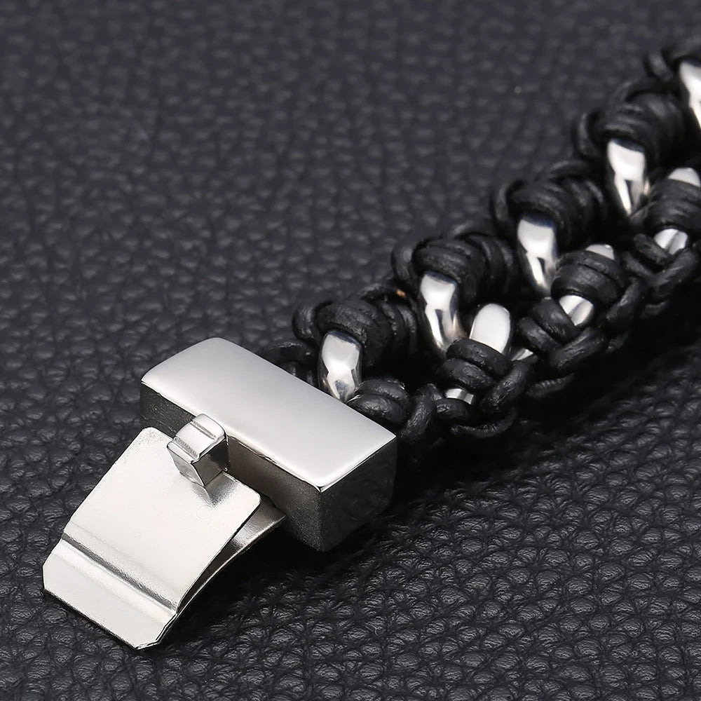 Men's 22MM Polished Stainless Steel Cuban Chain Bracelet for Men Braided Leather Wrap Bracelet Wristband Male Jewelry