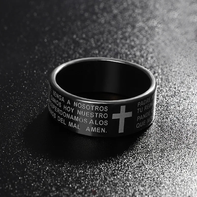 Black Jesus Men's Titanium Steel Bible Scripture Cross Jesus Ring Letter Bible Scripture Prayer Ring Men's 8mm Amulet