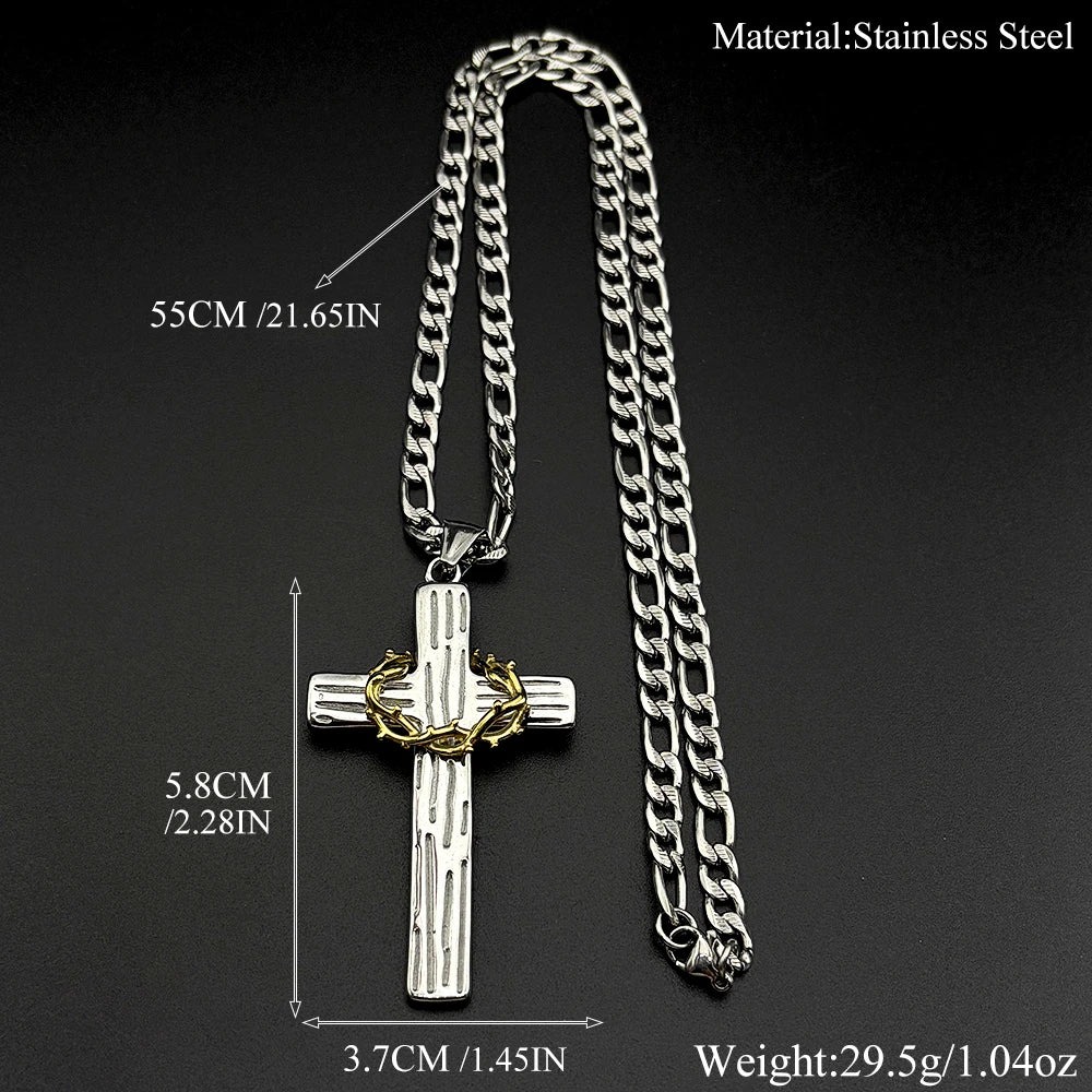 Hip Hop Two-Tone Crown of Thorns Jesus Cross Pendant Necklace for Men Stainless Steel Gold Silver Color Crucifix Chain Jewelry