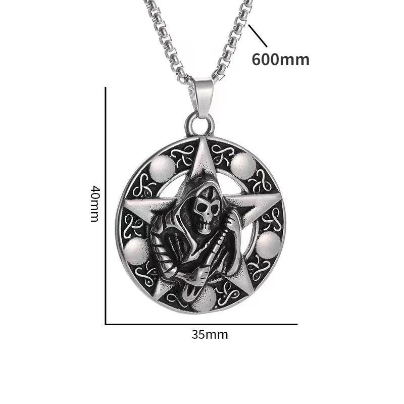 Classic Retro Hell Holy Death Sickle Round Medal Pendant Stainless Steel Necklace for Men Gothic Punk Personalized
