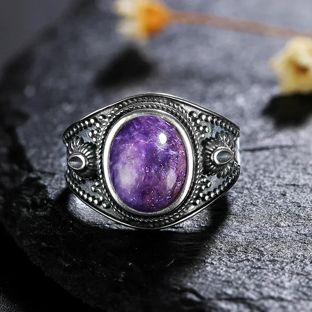 Sterling Silver 925 Vintage Rings Oval 8X10mm Rings Black Onyx Natural Fine Jewelry For Men Women Rhodochrosite Rings