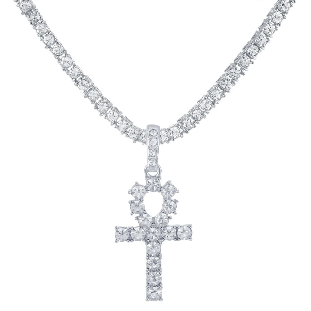 Iced Out Ankh Cross Pendant With 4mm Tennis Chain Necklace Good Luck Sparkling Hip Hop Creative Jewelry for Men Women Gift